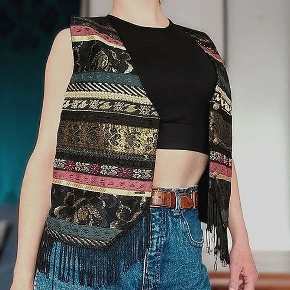 Vtg 90s black metallic embroidered fringe vest